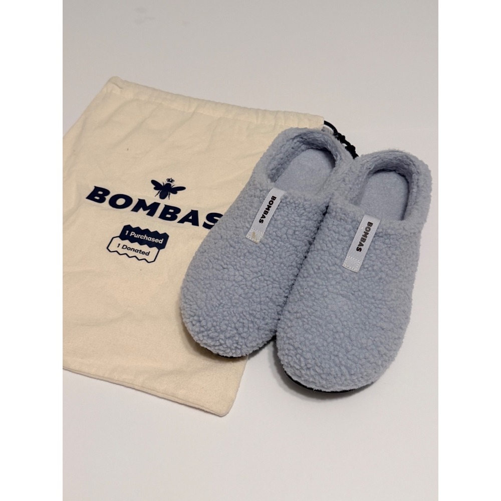 Bombas Womens Gripper Slippers Light Blue Sherpa Fuzzy Slip On Shoes Size 10